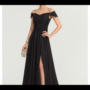 A line off the shoulders w/ sweep train split front sequin top dress